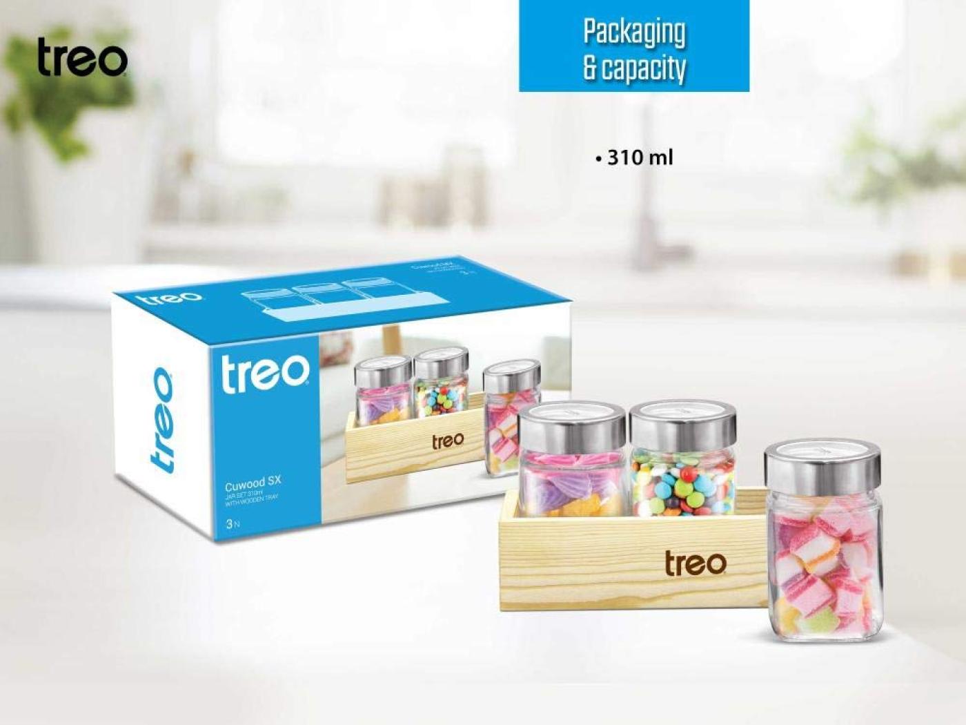 Treo Glass Jar Cuwood SX with Wooden Tray 310 ml x 3 Set