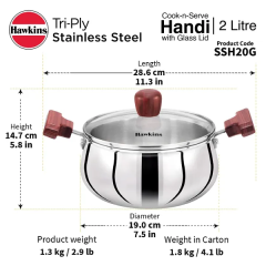 Hawkins Futura Handi Tri Ply  2 Ltr Glass Lid